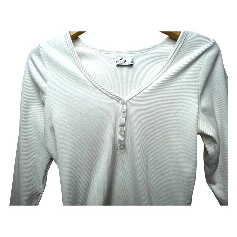Hollister Henley Large Y2K Top Ribbed V-Neck Off White‎ Crop Preppy - Picture 2 of 6